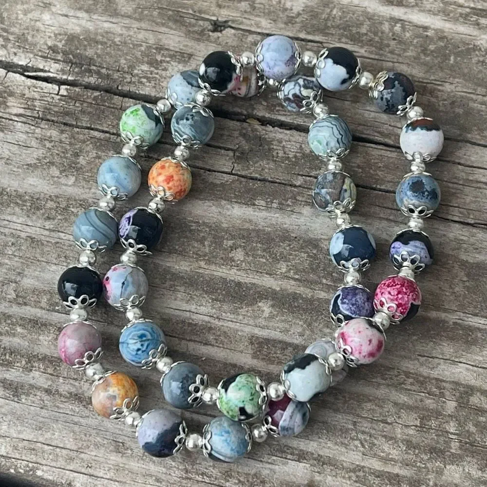 Colorful orca stretch bracelet silver tone black blue pink beads beaded NEW dyed